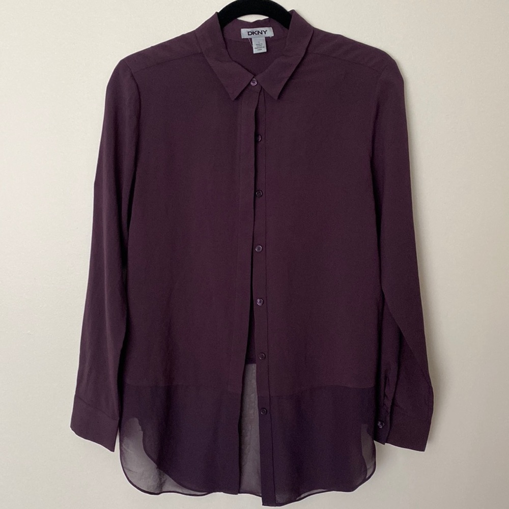 DKNY small flowy button-up long sleeve blouse in plum purple